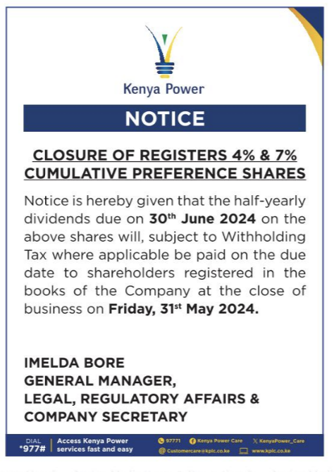 PReference dividends from Kenya Power: