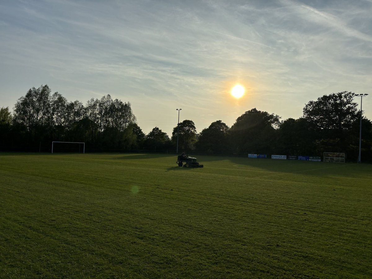 Mowing in the early evening sun. Chairman Kev prepping the pitch for Friday nights Tony Kopp Cup Final &amp; the last game for Nick Courtney’s U18’s as they host a team from EasyJet on Sunday.