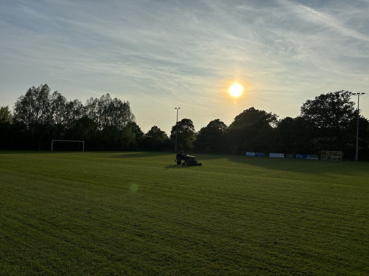 Mowing in the early evening sun. Chairman Kev prepping the pitch for Friday nights Tony Kopp Cup Final & the last game for Nick Courtney’s U18’s as they host a team from EasyJet on Sunday.