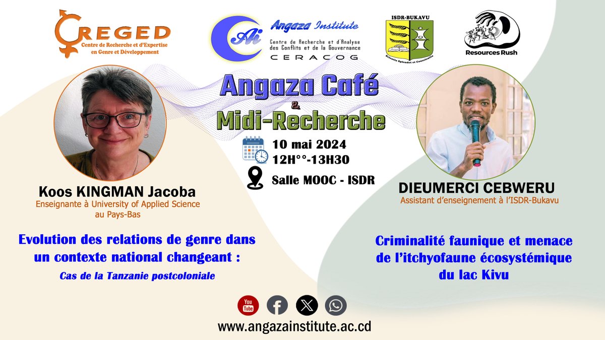 [#SaveTheDate] Rejoignez nous dans #AngazaCafé - #MidiRecherche co-orgnaisé avec <a href="/CregedI/">CREGED ISDR</a>
Koos Kingman d'@VHL_uas abordera l'Evolution des rapports de genre &amp; <a href="/DCebweru/">DIEUMERCI CEBWERU</a> d'<a href="/IsdrBukavu/">ISDR Bukavu</a> le Menaces sur l'écosystème du Lac Kivu.
📆 10/05/24
⏱️12:00
📍Salle MOOC
angazainstitute.ac.cd/angaza-cafe-ev…
