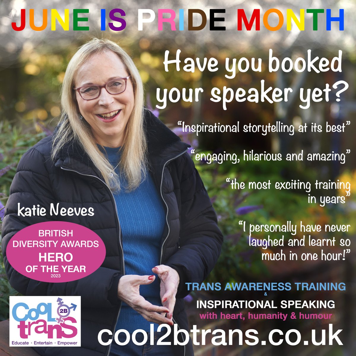 June is Pride Month.  Have you booked your speaker yet?  If not, please get in touch.  My aim is to entertain as well as to educate on all things trans, using the power of humour.

#Pride #PrideMonth #pride2024 #LGBTQIAplus #LGBTQIA