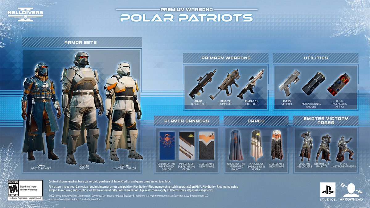Helldivers, the Polar Patriots Warbond is now live and available in your Acquisition Centre. Which new weapon will you use to bring ice cold justice to our enemies? (Your choice will be noted and may be used against you in a future court martial)