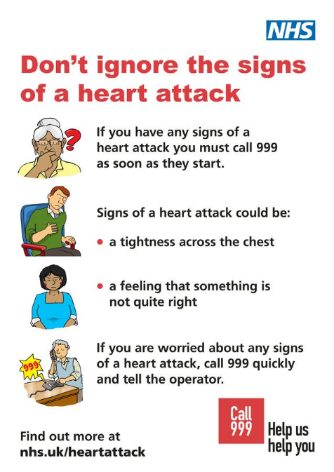 #KnowTheSigns of a #HeartAttack and what to do if you show signs with this #EasyRead poster. If you have new chest pains phone 999. More information on nhs.uk/conditions/hea… #LearningDisability