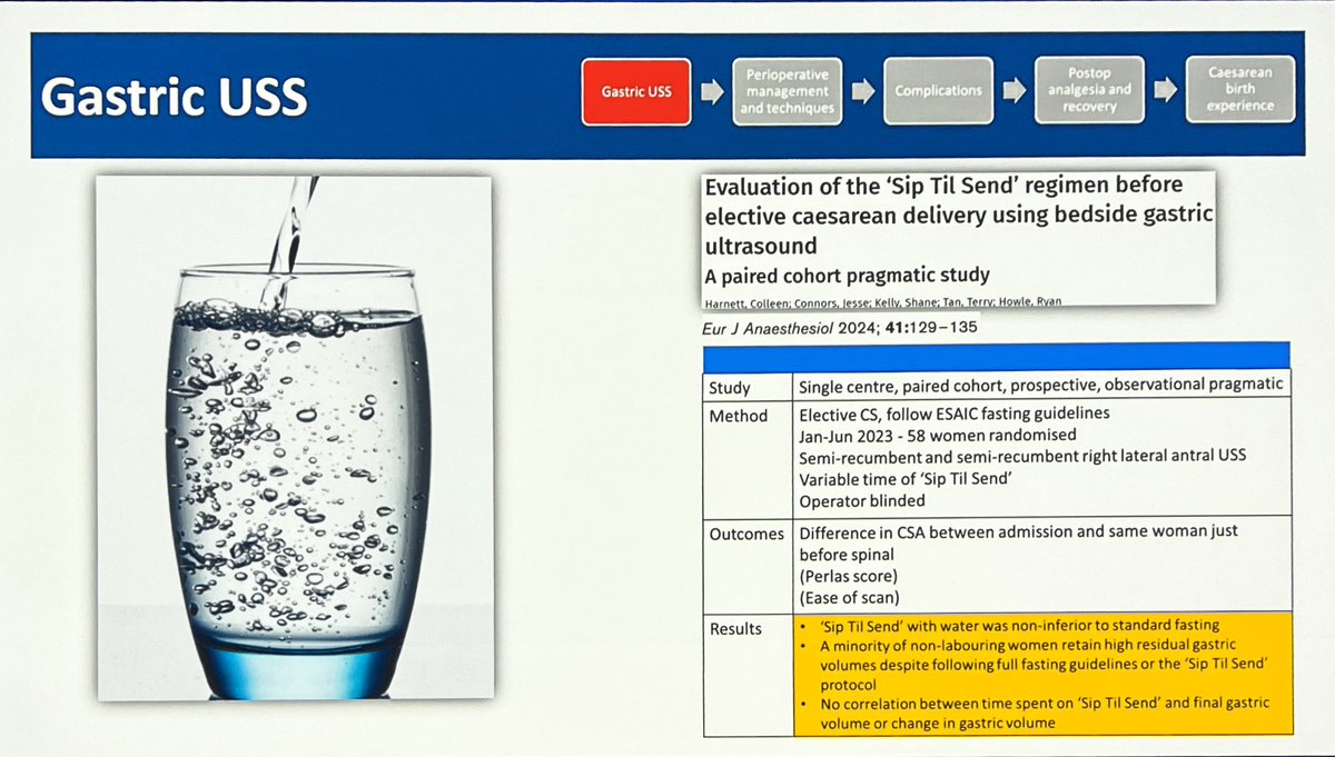 Gastric USS. Oral rehydration has benefits over NPO wrt vasopressor use. #siptilsend safe, noting some patients have increased gastric volumes irrespective of starvation status. #OAA24ASM #OBAnes