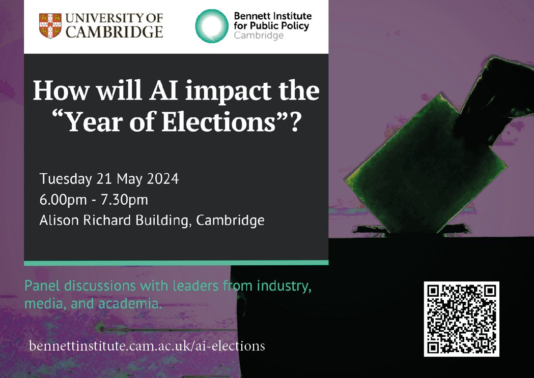 How will AI impact the 'Year of Elections'? Gain intel & insights from @DianeCoyle1859 @waltpasquarelli @HenryAjder @ginasue @kncukier @KerryAMcInerney @DrEllaMcPherson & Tom Mason on deepfakes, AI regulation & electoral innovation. 21 May–6pm–Cambridge bennettinstitute.cam.ac.uk/events/how-wil…