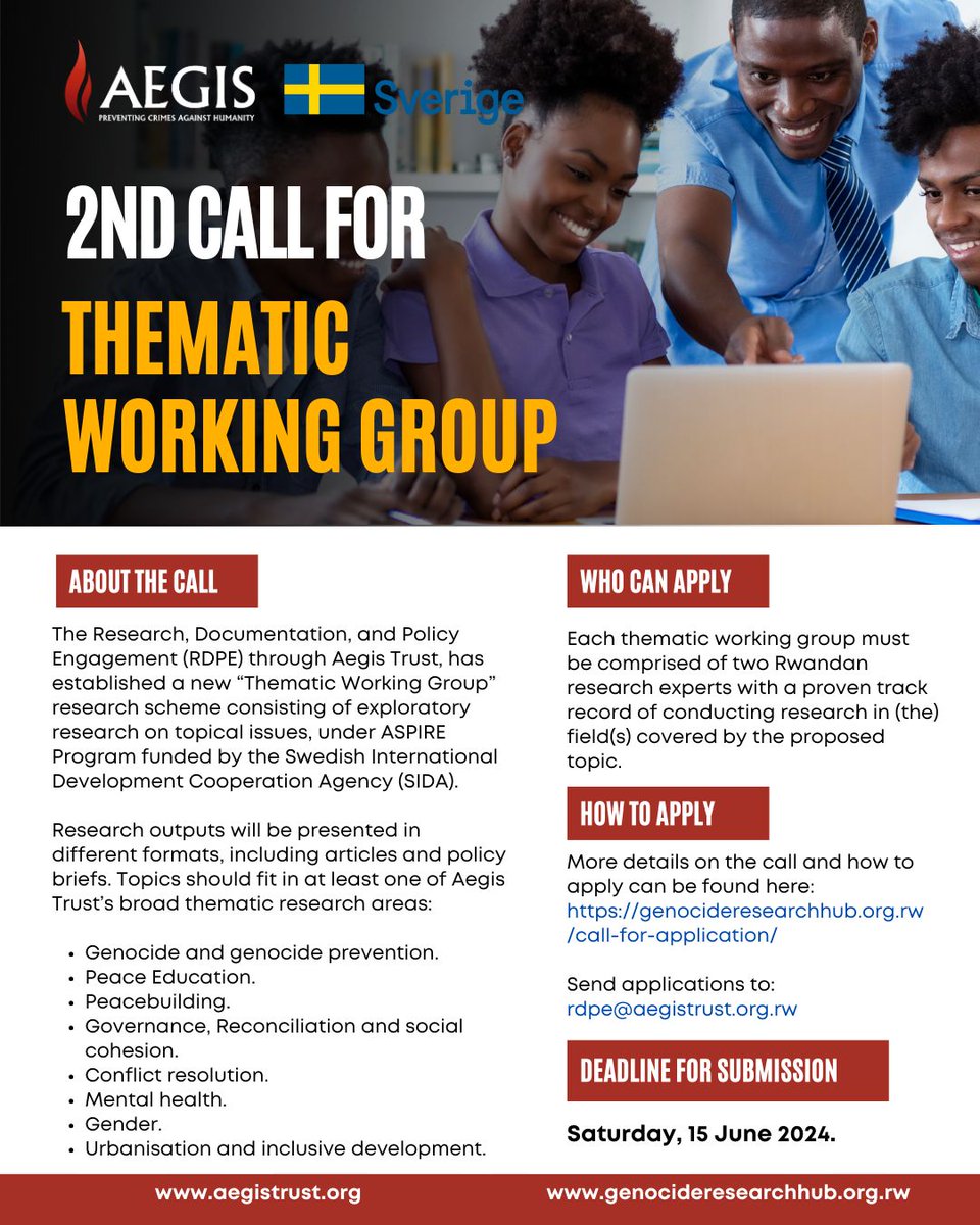 CALL FOR APPLICATIONS ! We are pleased to invite applicants who can join our second “Thematic Working Group” under ASPIRE Programme. Eligible applicants should be teams of two Rwandan research experts. For more details and application process👇genocideresearchhub.org.rw/call-for-appli…