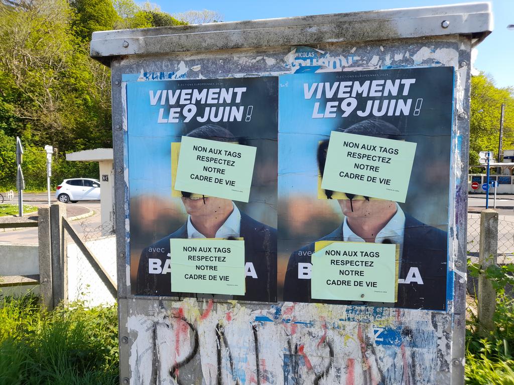 La colère monte dans mon canton de Cabourg face à la quantité de vilains tags 'RN' sur les belles affiches des autres listes (y compris R!) : des 'citoyens en colère' ont même sorti une affichette pour protester !