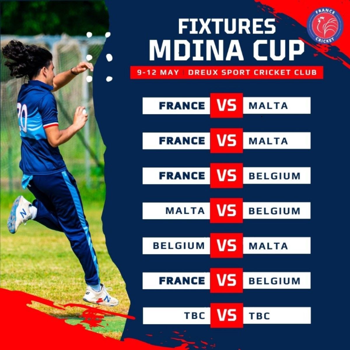 Voici le programme tant attendu des rencontres de la Coupe Mdina qui a démarré aujourd'hui. Vous pouvez suivre tous les matchs en DIRECT sur le @EuropeanCricket Network. Lien: buff.ly/3Wy2eKV #FranceCricket