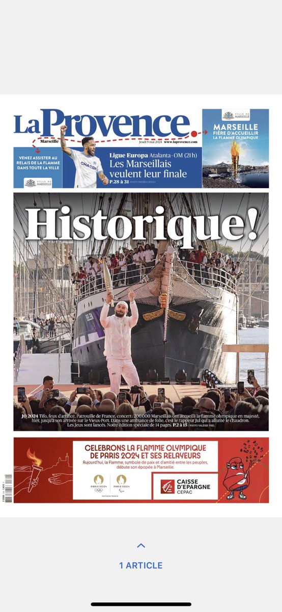 Historique 🔥 Bravo aux équipes de @laprovence pour la qualité des éditions quotidiennes et le suivi éditorial de l’arrivée de la flamme olympique. @GabrieldHarcour @aviers @laurentguimier @vlubot #FiertédeLireLaProvenve