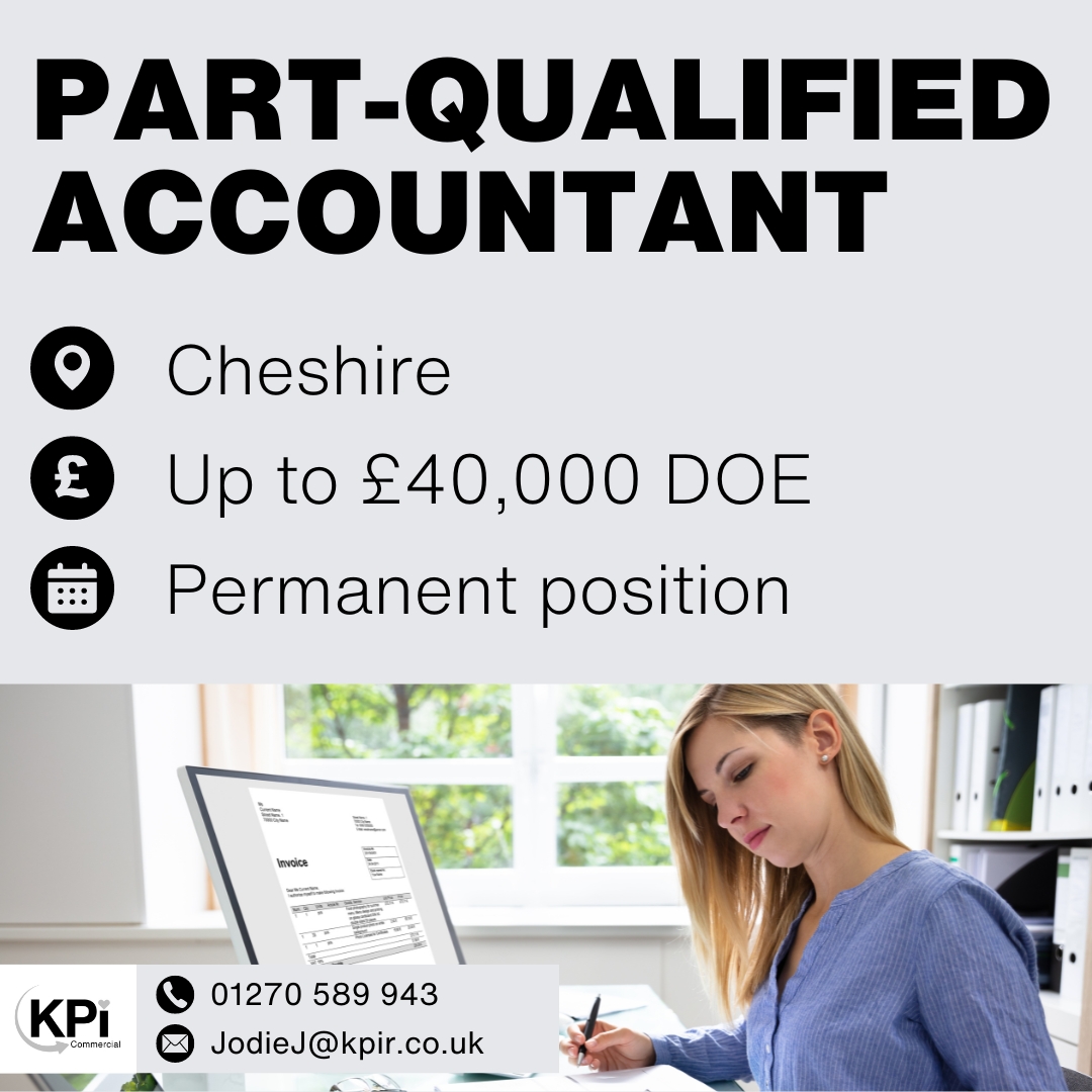 **PART-QUALIFIED ACCOUNTANT** Cheshire. Up to £40,000 p/a DOE

Visit bit.ly/PQAcCh for more details on this role.

Call 01270 589943 or email JodieJ@kpir.co.uk to apply.

#AccountantJobs #Accountant #CheshireJobs #KPIRecruiting