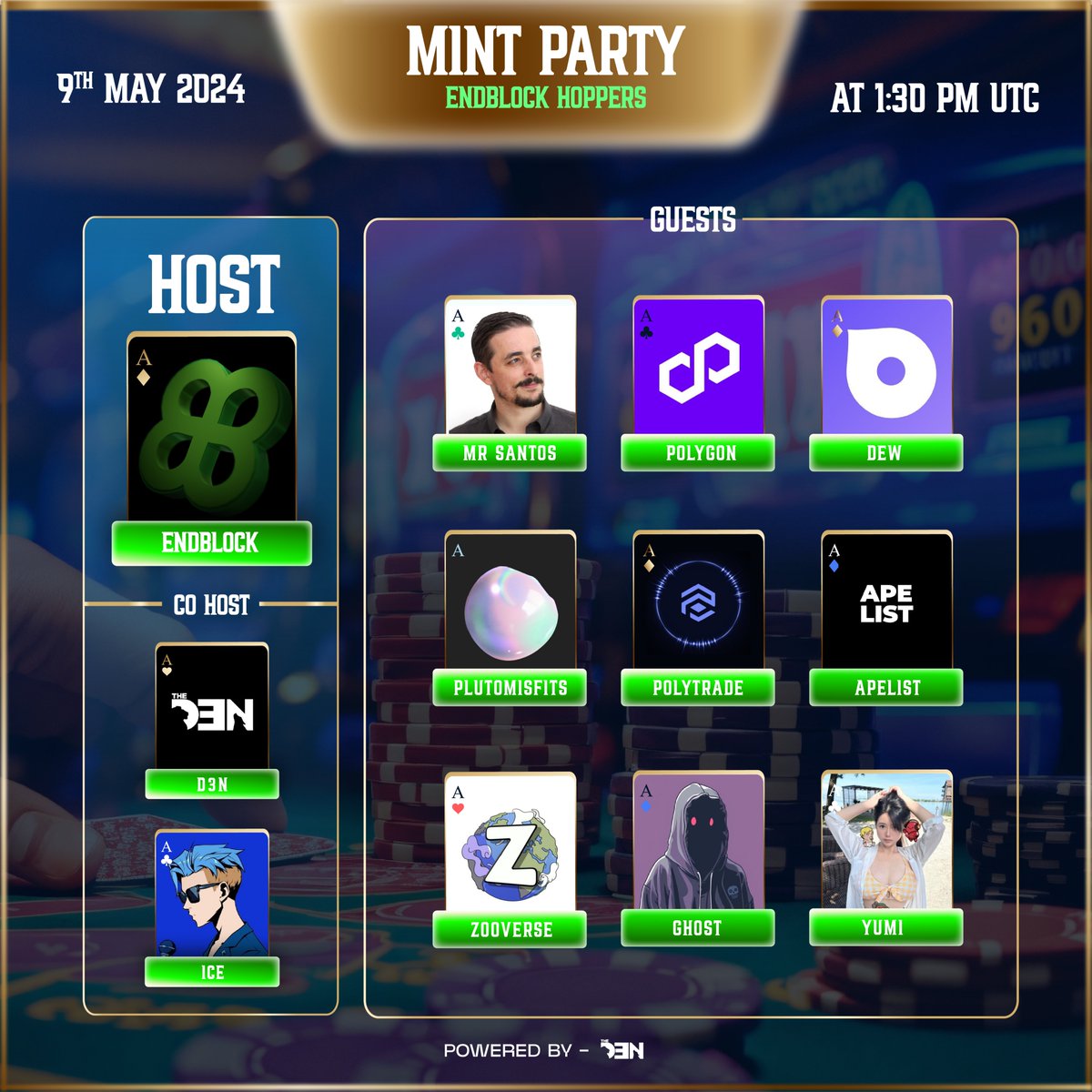 ♦️MINT DAY IS HERE ♦️ Join Endblock's mint party today at 1:30 PM UTC to witness the launch of our new collection The Hoppers with our Founder @mrsantoscoach and Co-Hosts @ice_nfts @thed3n_ And our esteemed guests @0xPolygon @Dew_HQ @plutomisfits @Polytrade_fin @TheApeList_