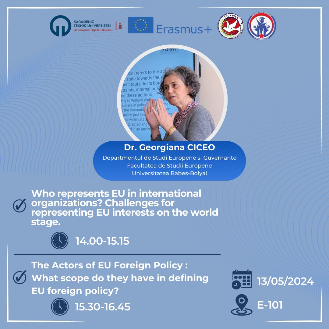 👉13 Mayıs'da Dr. Georgiana CICEO, AB ve AB Dış Politikası hakkında bizi bilgilendirmek adına okulumuzda olacaktır.

⏲️Saat 14:00'da başlayacak etkinliğimiz KTÜ İİBF, E-101 dersliğinde gerçekleşecektir