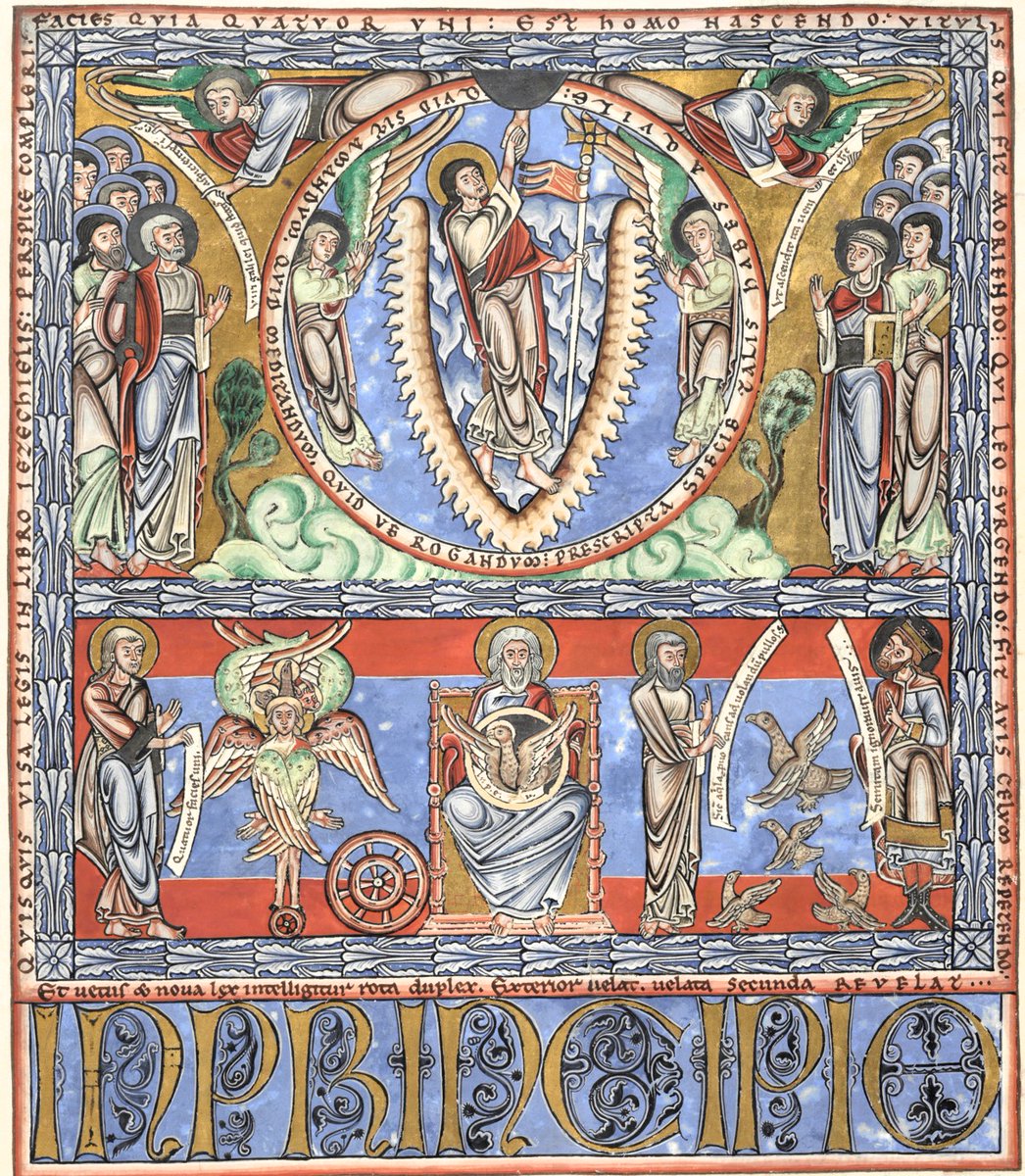 (1/4) In medieval iconography, the eagle is understood as a symbol of Christ ascending into heaven. For this reason, this great image in the Floreffe Bible (c.1160) stands at the beginning of the Gospel according to John, whose attribute is the eagle. @BLMedieval Add.17738, f.199