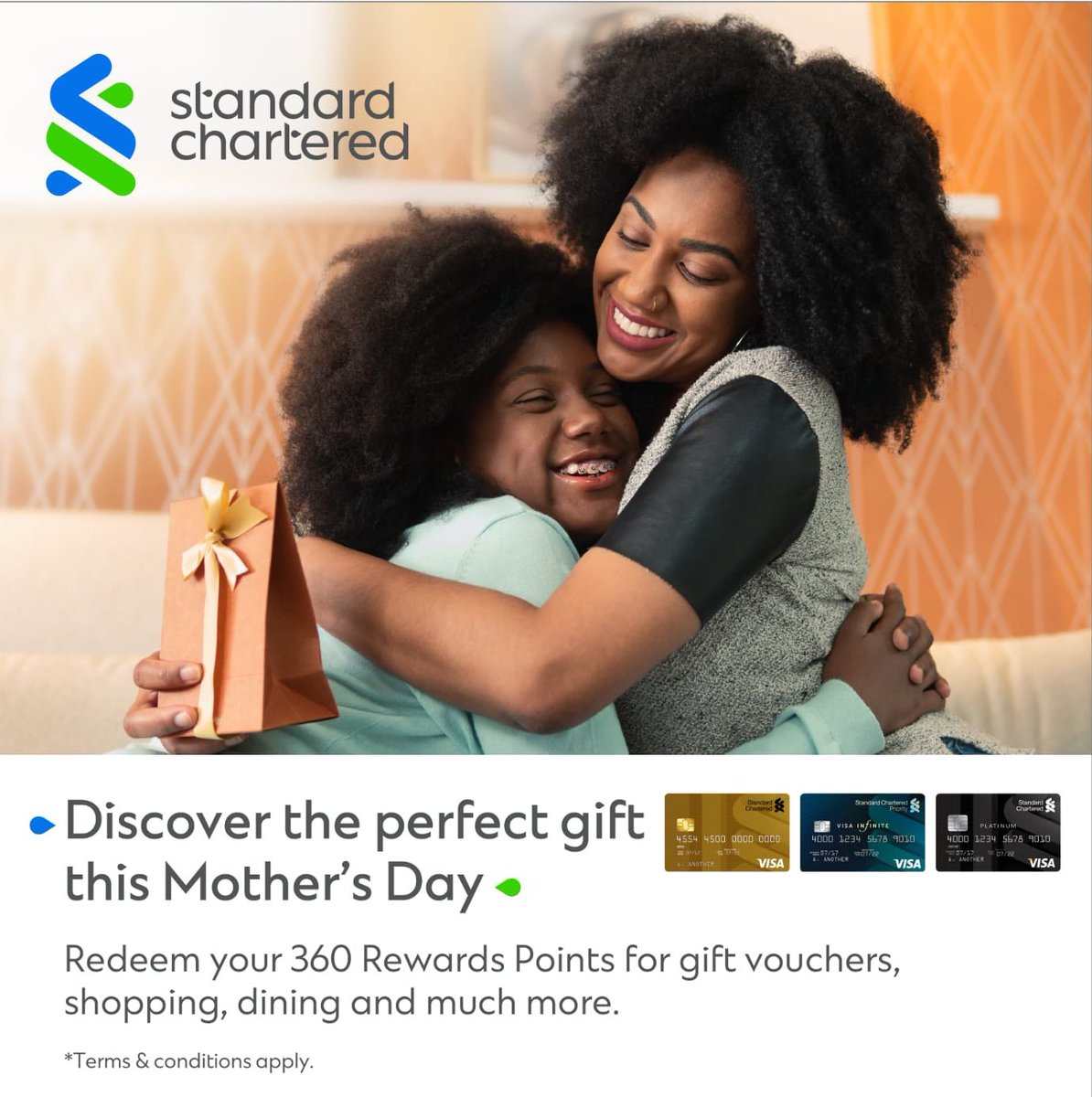 With Mother's Day coming up, discover new ways to say 'I love you Mum' through your StanChart Visa debit/credit card. You have been accumulating reward points every time you paid using your card. Redeem your points for a special Mother’s Day treat here: rewards.sc.com/ke/