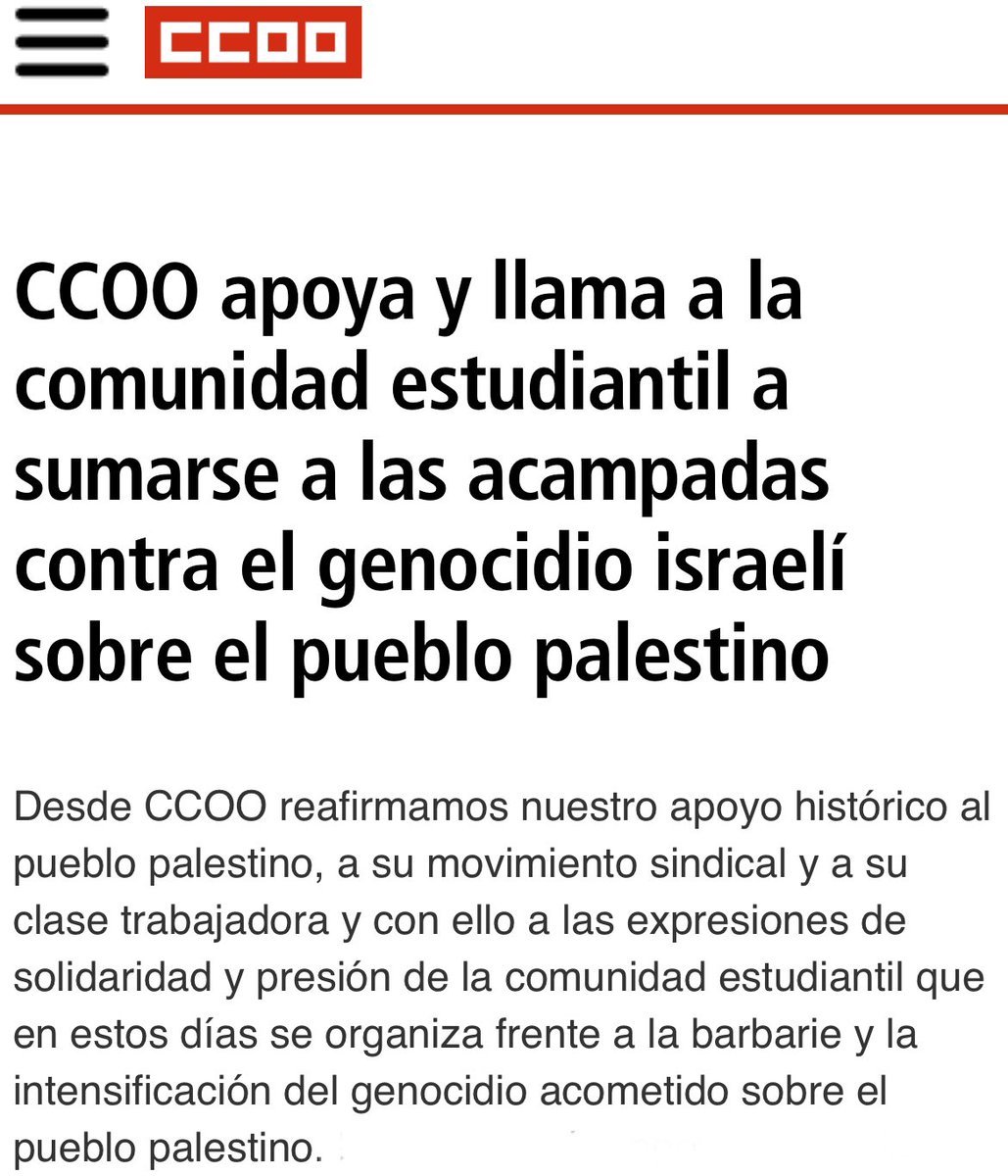 Como sindicato internacionalista no podemos ignorar la intensificación del genocidio acometido por Israel sobre el pueblo palestino. Nos solidarizamos con el movimiento estudiantil y llamamos a todo el mundo a unirse a la #AcampadaporPalestina. ✊🇵🇸 ccoo.es/noticia:693339…