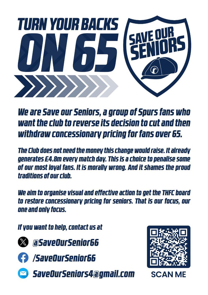 💥TAKE ACTION💥

📣TURN YOUR BACKS ON 65 📣

📆 Spurs v Burnley on Saturday 

⏱️Turn round for a minute on 65 mins to protest against the protest against the club’s plan to axe senior concessions

#SaveOurSeniors #TurnRound65 #Protest65 #COYS

PLEASE SHARE & JOIN US 💪
