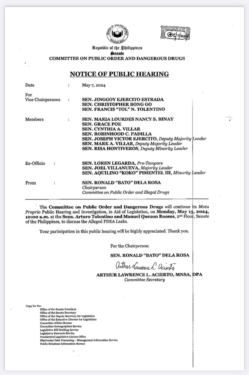 Third hearing scheduled for the Senate “PDEA leak” clownery! Publicly posted in the Senate website today is a notice of hearing for the “PDEA leak” clownery of Senator Dela Rosa. This is despite statements from his fellow legislators and even the Senate President himself to not