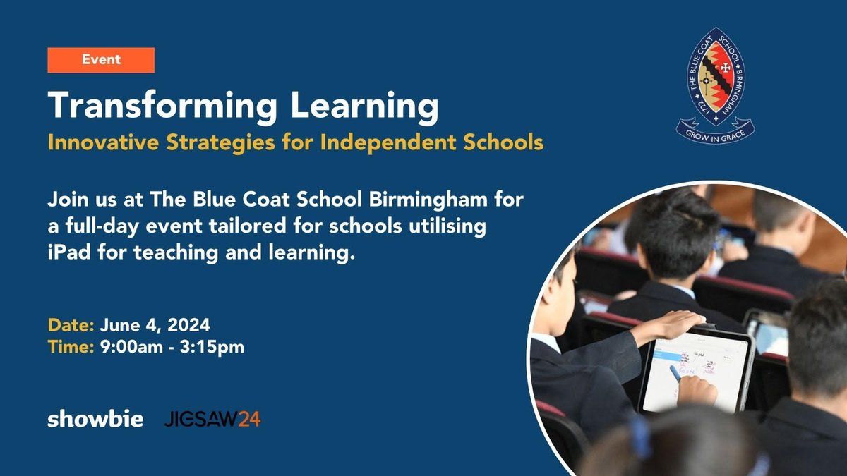 We're excited to share that following our successful implementation of 1:1 iPads this year, @Showbie are hosting this exclusive event at BCS in June! All independent schools are invited to come and hear from the experts at Showbie and see iPads in action: learn.showbie.com/bluecoat