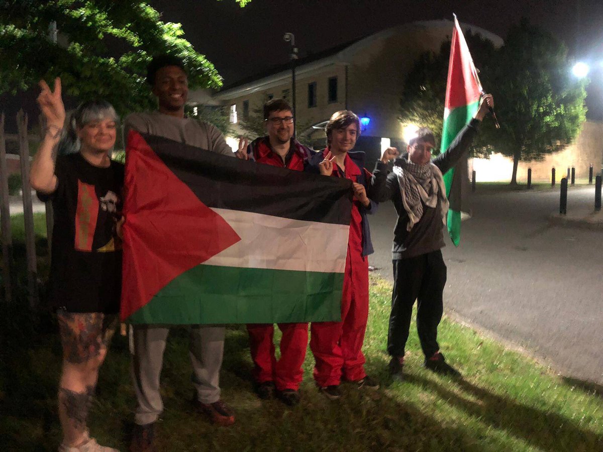 Actionists released on bail at 2AM this morning after they smashed into and occupied Leicester’s Israeli weapons factory #ShutElbitDown