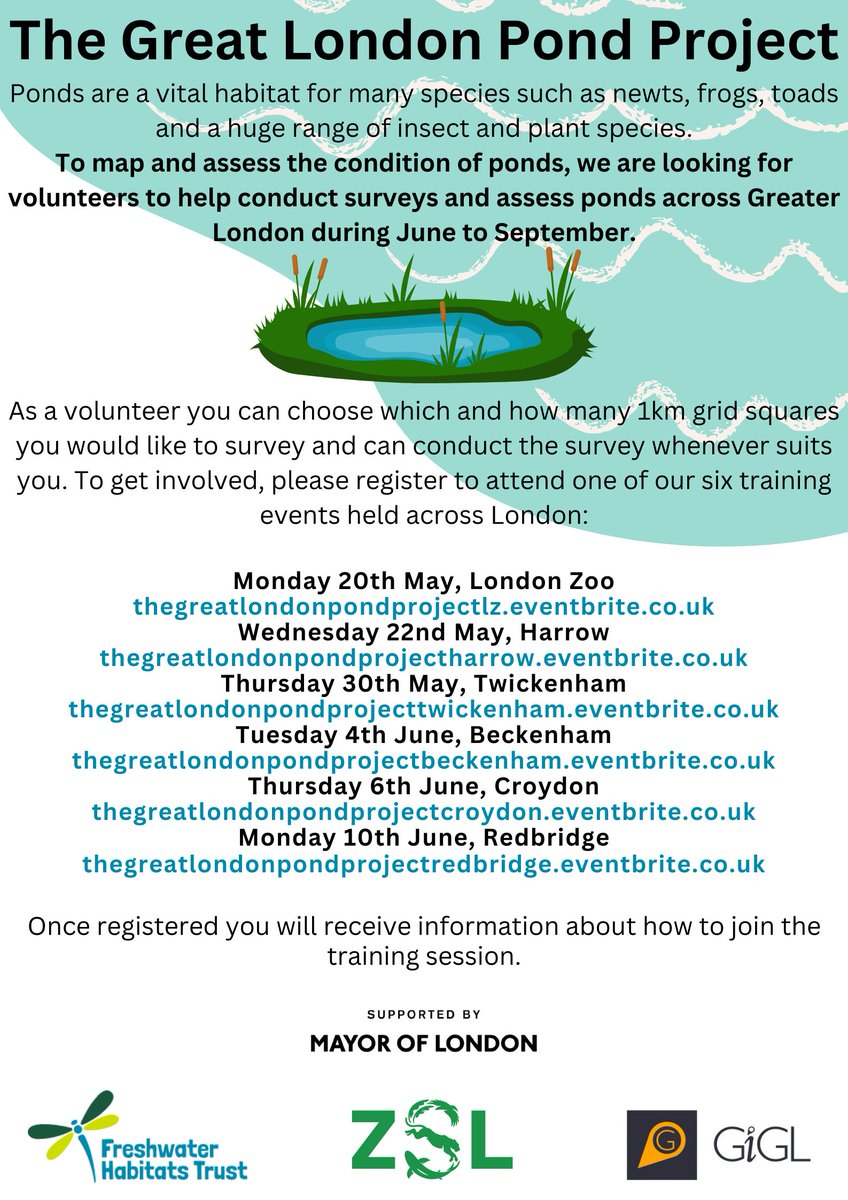 Volunteer for The Great London Pond Project! In partnership with @Freshwaterhabs and @iGiGL, ZSL are planning to map and assess the condition of ponds in London. To get involved, please sign up to one of the training sessions below. Supported by @MayorofLondon @LDN_environment