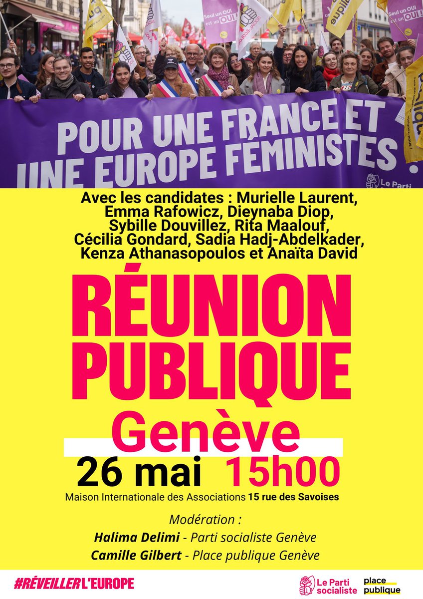 Les Françaises de l’étranger se mobilisent pour une Europe féministe avec les candidates de la liste @partisocialiste @placepublique_ menée par @rglucks1 Réunion organisée par @2022Delimi de la @FFE_PS 📍Maison Internationale des Associations à Genève 📅26 mai 🕗 15h