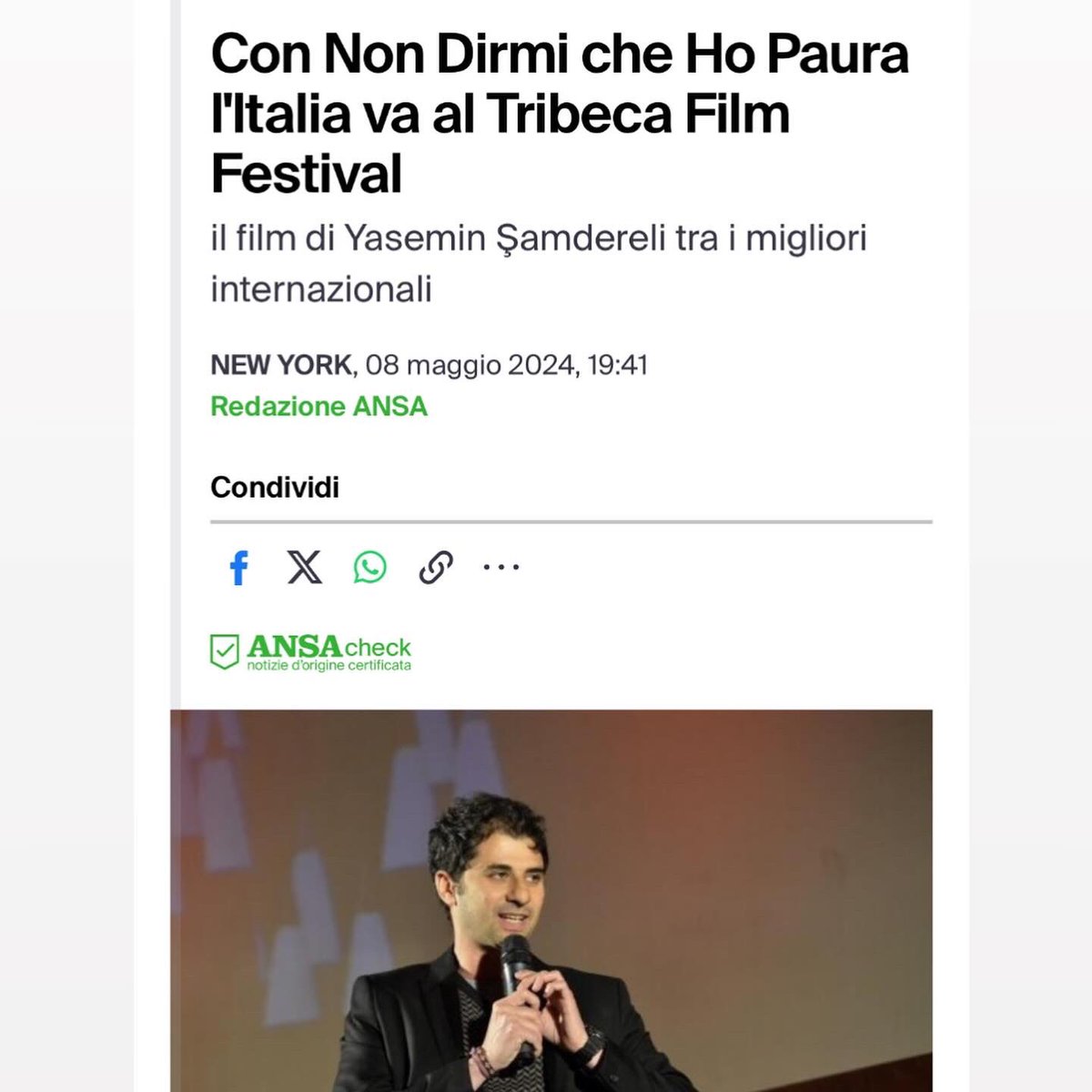 La prima mondiale del film tratto da “Non dirmi che hai paura” sarà al <a href="/Tribeca/">Tribeca</a> il 9 giugno, nella competizione principale.
Molto felice che il film rappresenti l’Italia negli USA e ancora di più che tra poco sarà di chi vorrà. 
🙏