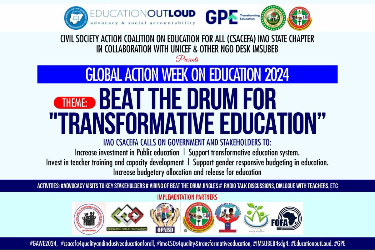 Join us as we unite with CSACEFA, UNICEF, IMSUBEB and fellow NGOs to empower minds and shape futures! Together, we're celebrating Global Action Week on Education 2024, ensuring every child's right to quality education is upheld.

#EducationForAll #GlobalActionWeek #CSACEFA