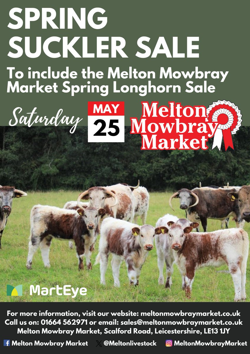 Entries for <a href="/MeltonLivestock/">Melton Livestock</a> Spring Suckler sale close on 13 May and Longhorn entries are welcome!

The sale will include a production sale from the Hennisfield herd, Derbys, 1 cow &amp; calf, 6 calved or i/calf heifers, 10 bulling heifers &amp; two 2 year old stockbulls.

Catalogue soon