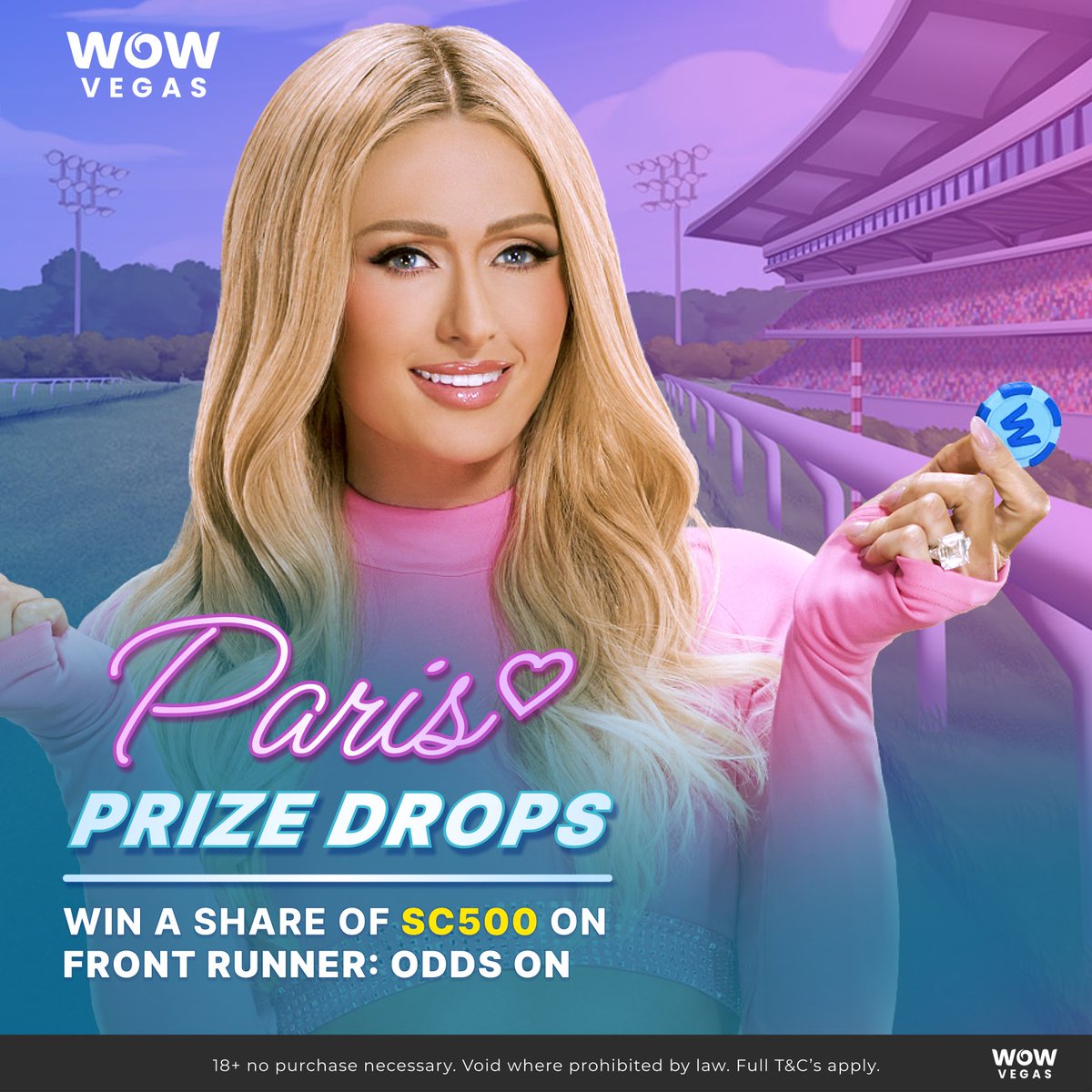 Today, we are pleased to announce another brand-new game release at WOW Vegas - Front Runner: Odds On! 🏇🎉 For today only, you can win a share of SC 500 with Paris Prize Drops with Front Runner! Simply play with SC before midnight tonight PT to be eligible! 🎁