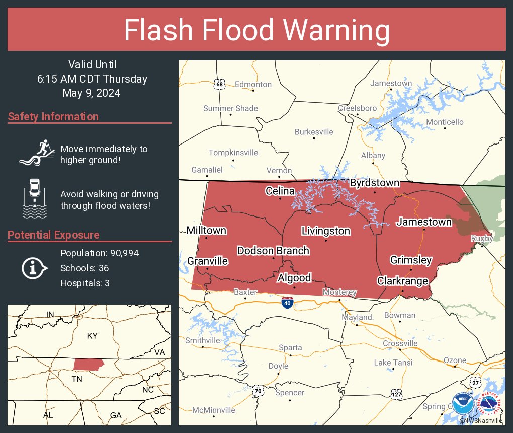 Flash Flood Warning continues for Livingston TN, Algood TN and Jamestown TN until 6:15 AM CDT