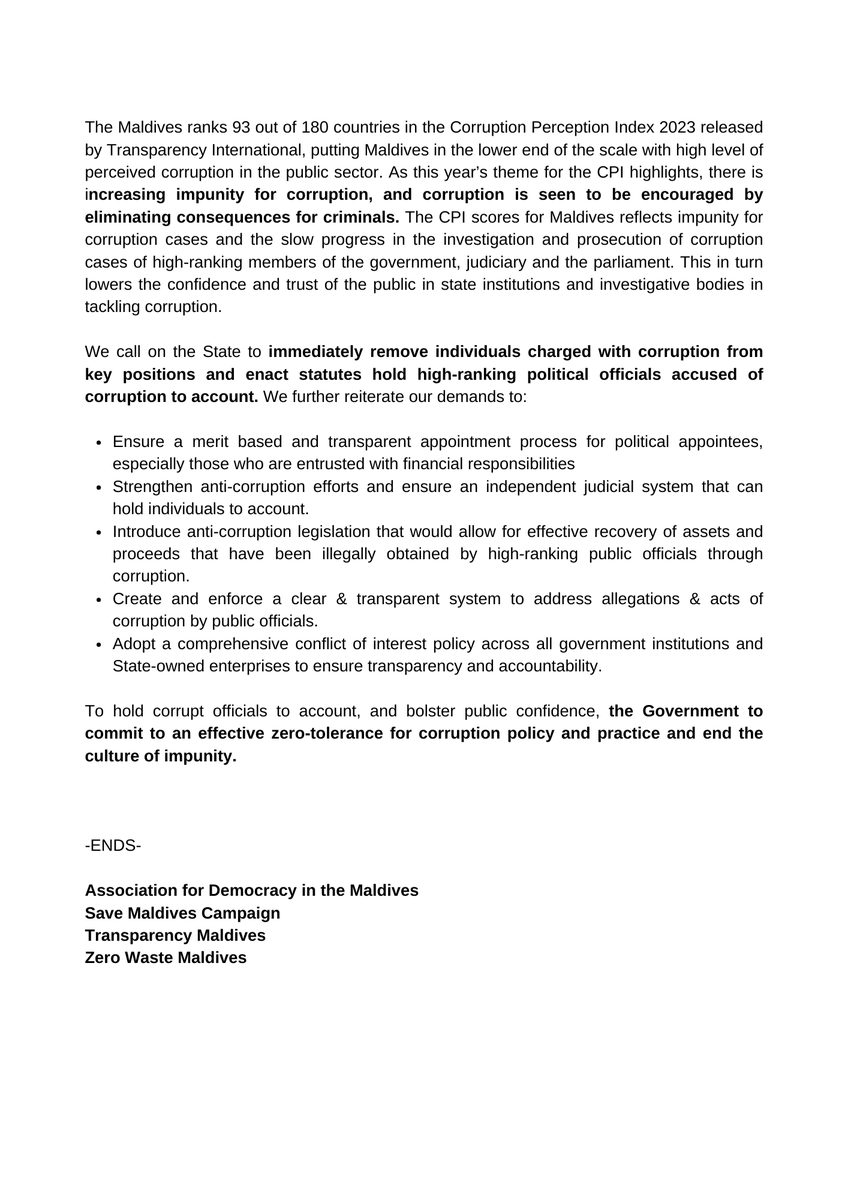 JOINT PRESS STATEMENT: CSOs call on the @governmentmv to immediately remove individuals charged with corruption from key positions! These appointments are indicative of the increasing impunity for corruption, and encourages corruption by eliminating consequences for criminals.