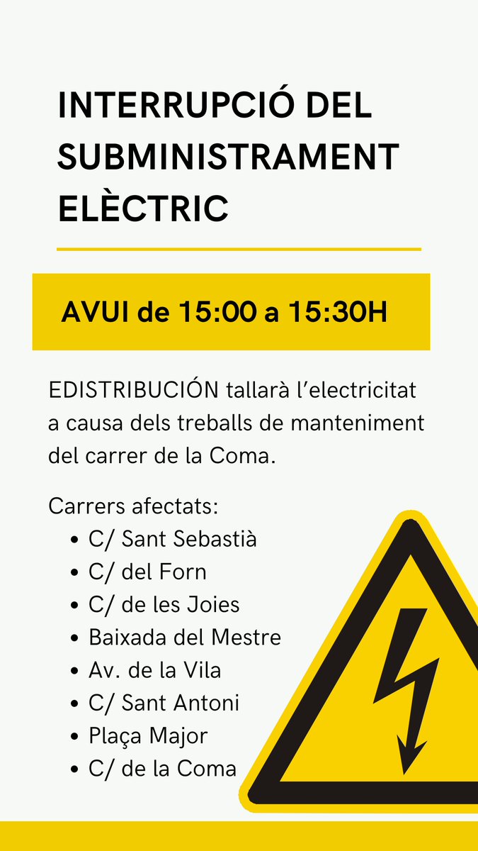 ⚠️AVUI de 15:00 a 15:30h, EDISTRIBUCIÓN interromprà temporalment el subministrament d’energia elèctrica a diferents carrers de Moià per realitzar els treballs de manteniment i millor de la xarxa al carrer de la Coma.