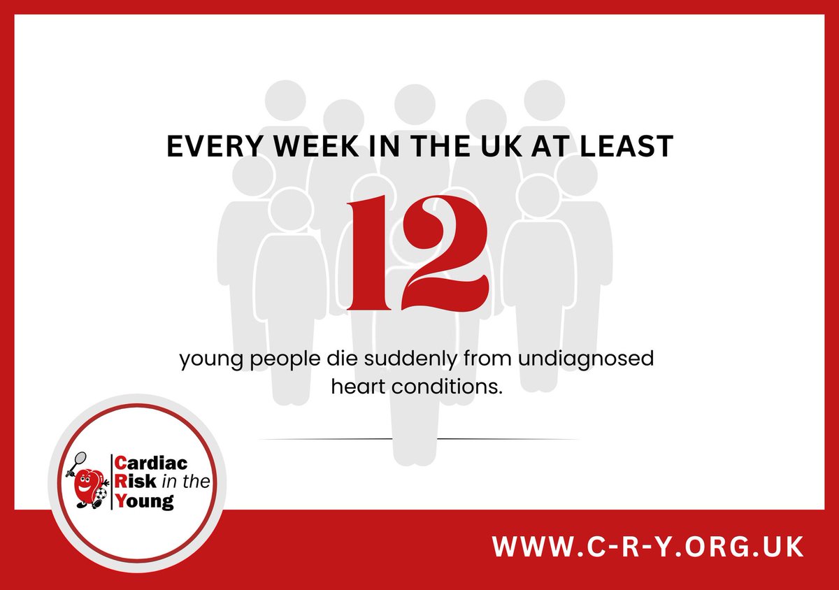 Every week in the UK, at least 12 young people die suddenly from undiagnosed heart conditions. CRY works to reduce this number and offers support for those who are affected by young sudden cardiac death. Visit c-r-y.org.uk to find out more about CRY's work #12AWeek