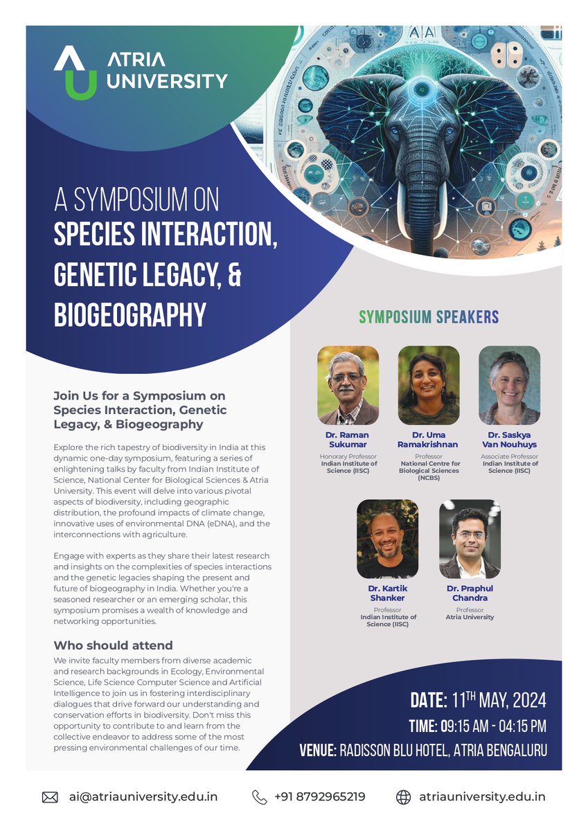 What's species interaction, genetic legacy & biogeography? Interested in environmental DNA (eDNA) & how it can fuel conservation efforts? Join the #BiodiversitySymposium2024 organised by Atria University! RSVP: lnkd.in/gib2wnXT 11 May, 9:15AM Radisson Blu, Atria Bengaluru