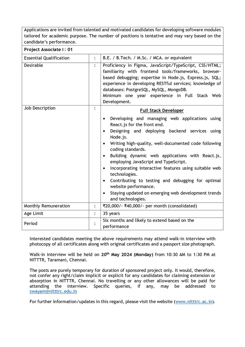 🌟 Exciting Opportunity at NITTTR Chennai! Join Us as a Project Associate! 🌟

Position: Project Associate for the Swayam project (2 Positions)

Walk-in interview will be held on 20-05-2024 at 10:30 AM

#CareerOpportunity