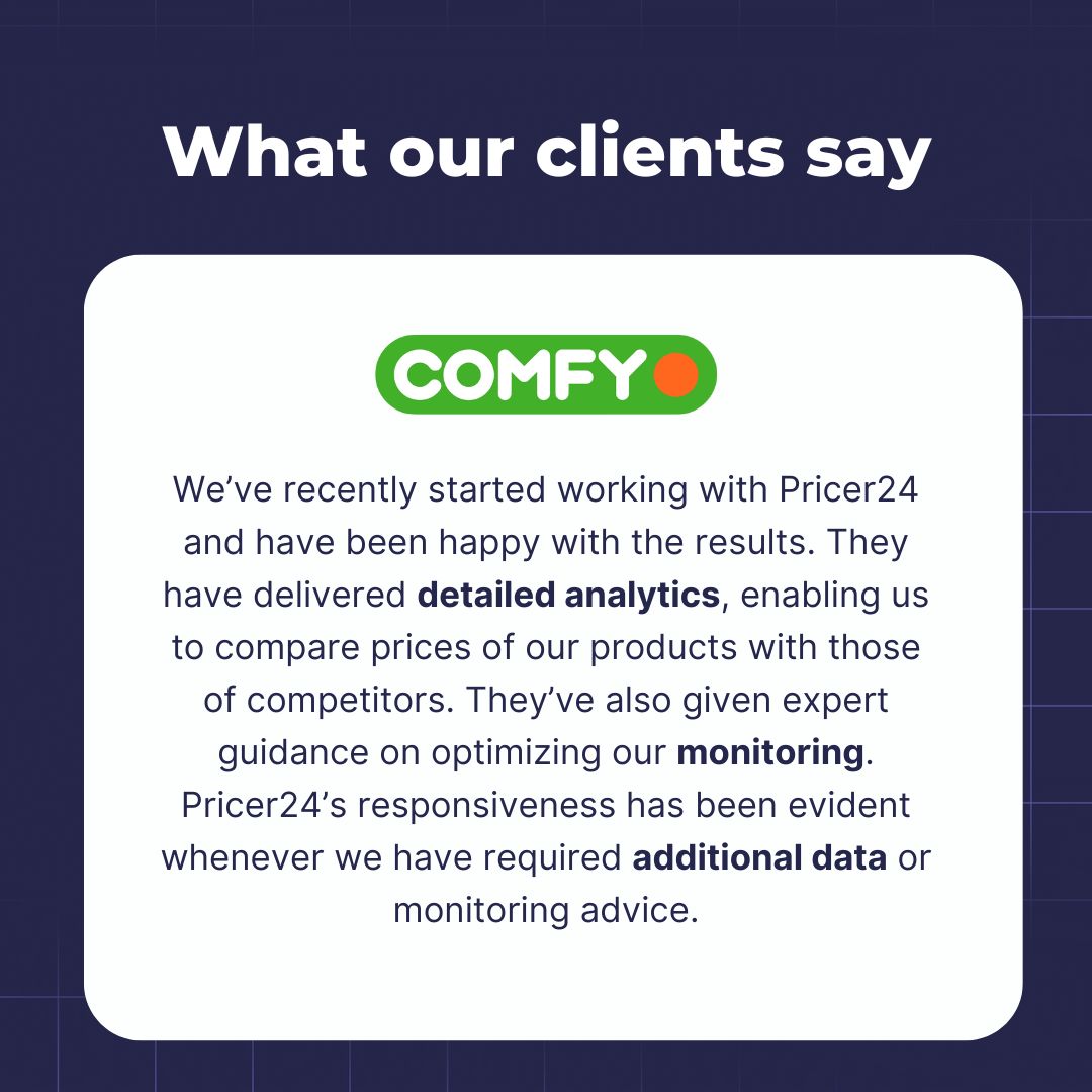 #Comfy, a leading omnichannel retailer of household appliances and electronics in Ukraine, trusts #Pricer24 for their price monitoring needs.

🛒 Looking to optimize your online pricing strategy? Let Pricer24 be your partner in success! 🚀

#PriceMonitoring #eCommerceSuccess