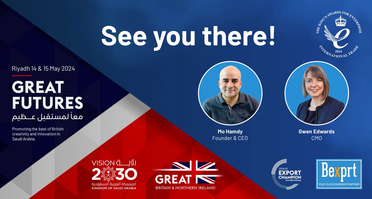 #Bexprt are delighted to be attending the prestigious #GREATFUTURES event in #Riyadh 14th & 15th May.

#GREATFUTURES 
#Vision2030 #SaudiArabia #Riyadh
#UKsmallbusiness #UK #UKexports #UKtech #UKtechnology #ExportChampion #SoldToTheWorld #ExportingIsGreat

bexprt.com/event/great-fu…