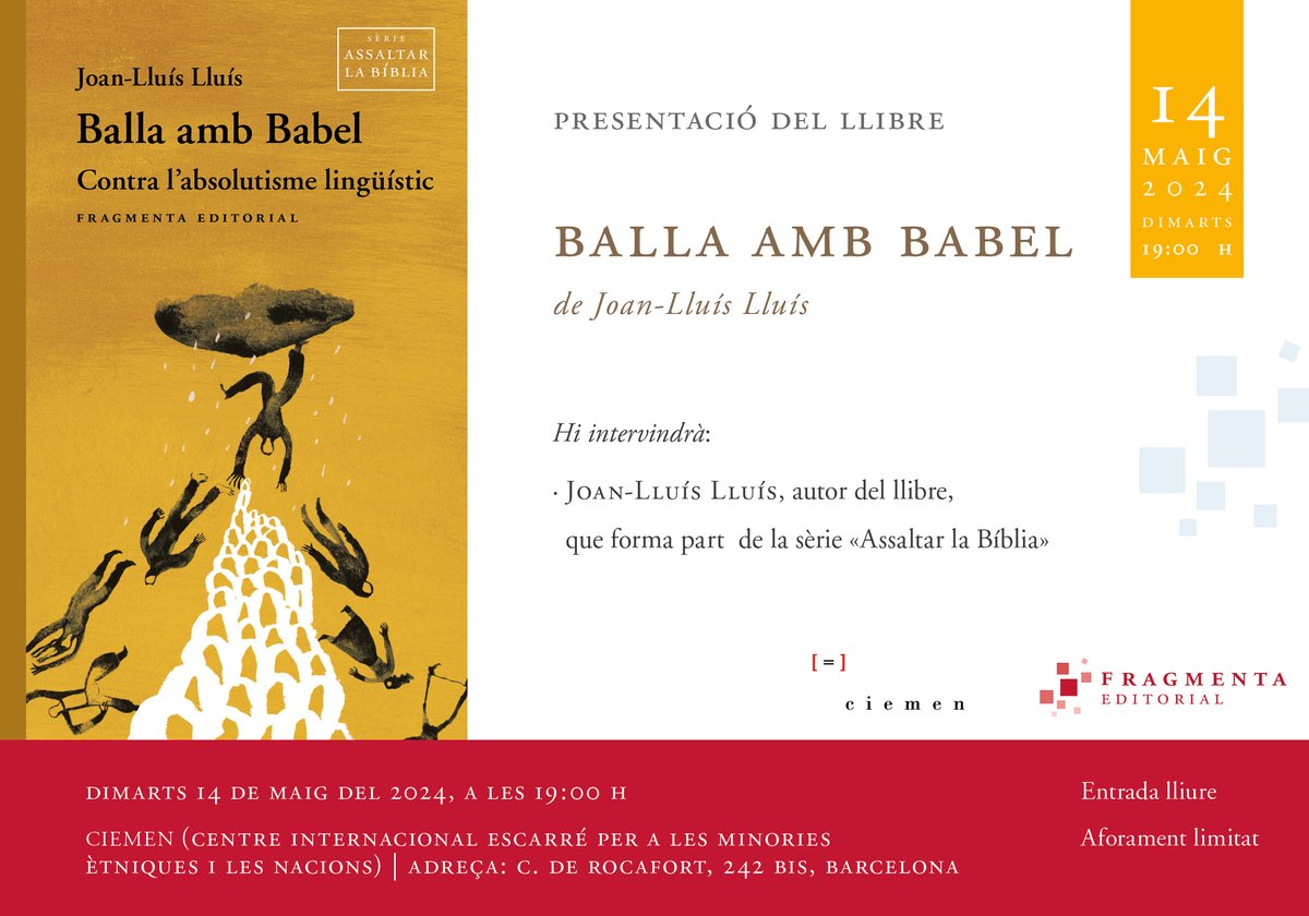 📚 Us convidem a la presentació de ‘Balla amb Babel’, el nou llibre de @Joanlluislluis sobre l’absolutisme lingüístic 🗓️ Dimarts 14 de maig 🕖 19:00 h 📍 Sala d’actes del CIEMEN (Rocafort, 242 bis, BCN) ➡️ ciemen.cat/2024/05/08/joa…