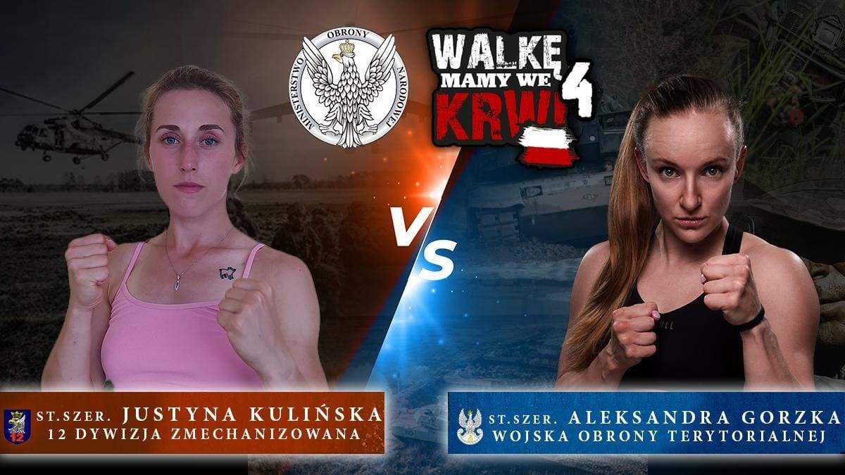 Przedstawiamy Wam kolejną walkę na Wojskowej Gali Sportów Walki #WalkeMamyWeKrwi4 🥊💪🇵🇱 W kat. -57 kg zmierzą się st. szer. Justyna Kulińska 12. Szczecińska Dywizja Zmechanizowana a vs st. szer. Aleksandra Gorzka #WOT