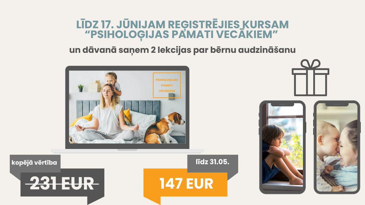 💥 Nebijusi iespēja - pērkot 9 lekciju kursu “Psiholoģijas pamati vecākiem” līdz 17. jūnijam, dāvanā saņemsi vēl divas lekcijas:

🌱 video lekciju “Kā saprast un atbalstīt emocionāli jūtīgu bērnu?”
🌱 video lekciju “Palīgā, mans bērns kož!”.

Meklē te - lina.lv/psihologijas-p…