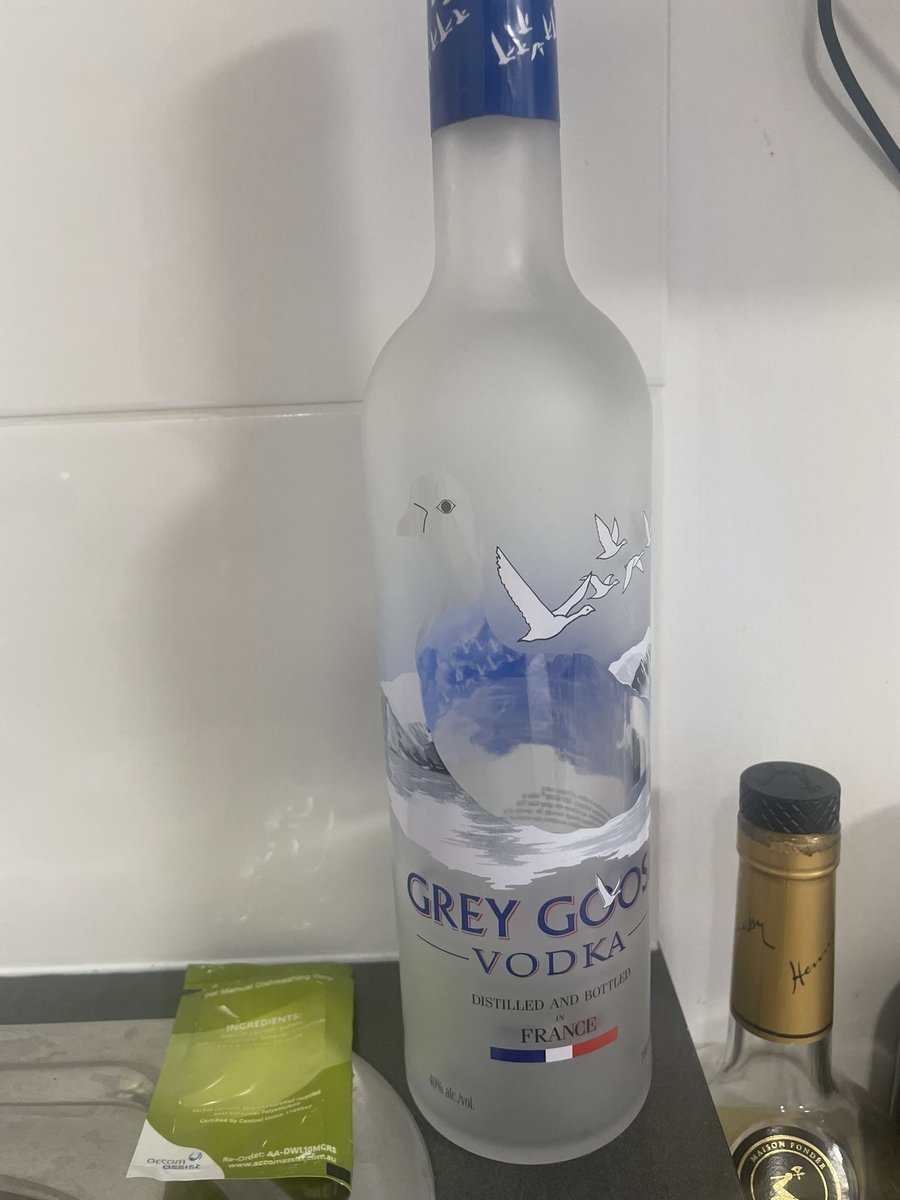 A bottle of #GreyGoose down yep we buzzed and took 3 quarters of the bottle to realise it’s Thursday not Friday lol