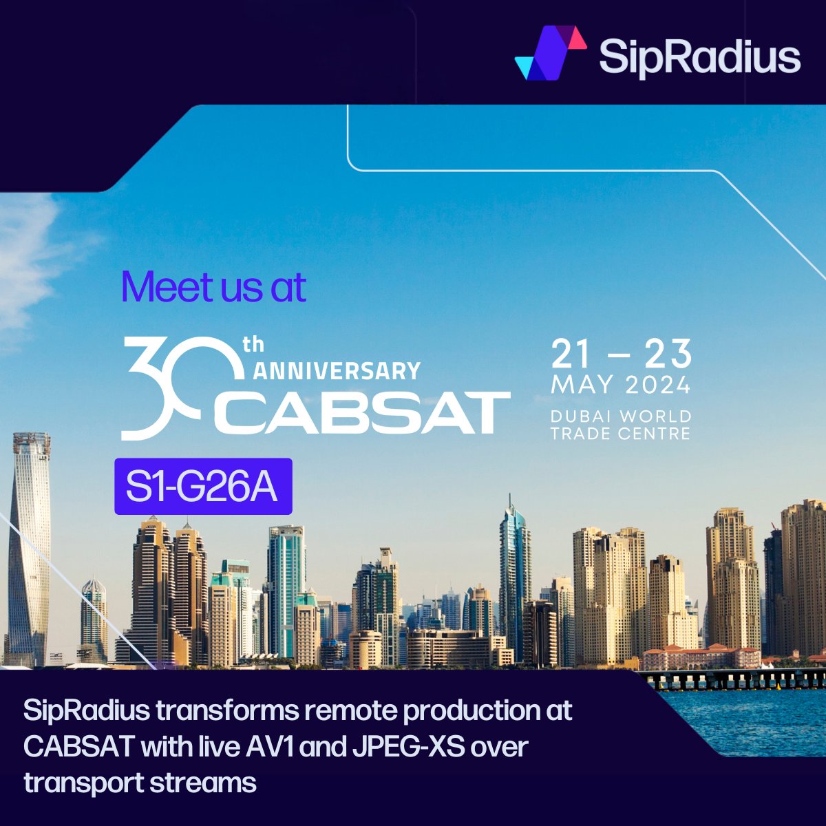 Join us at @CABSATofficial 2024 in Dubai from May 21-23, stand S1-G26a, to discover SipRadius's innovative solutions in live #media transport and #transcoding, including our real-time #AV1 codec and the first practical #JPEGXS implementation in #MPEGTS. bit.ly/4aM7XRv