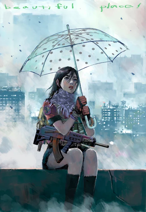 beautiful place 1巻2巻絶賛発売中です。某女子校普通科挺身隊員 傘をさしているのは雨ではなく黄砂の為 何だかの挺身活動中の為屋内に避難できず。 