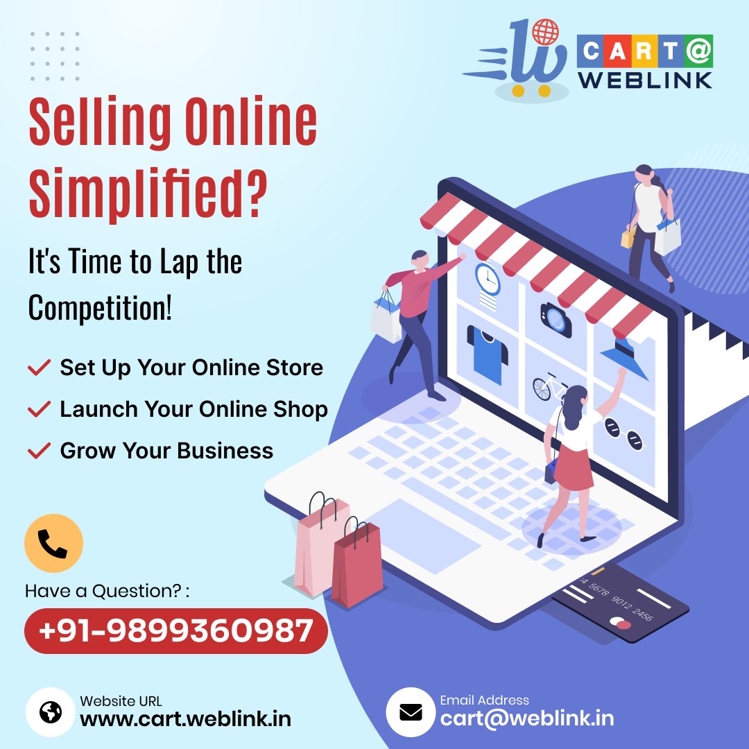 Selling Online Simplified? It's Time to Lap the Competition!
We're here to help. Contact us today!
🌐 cart.weblink.in
🤳 +91-9899360987
📧 cart@weblink.in

#WeblinkCart #ecommercestore #ecommercewebsite #ecommercedesign #ecommercestartup #websitedesign #digitalmarketing