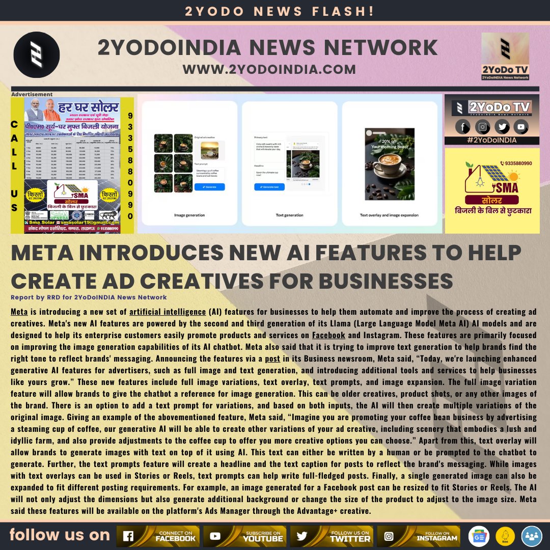 Meta Introduces New AI Features to Help Create Ad Creatives for Businesses

for more news visit 2yodoindia.com

#2YoDoINDIA #Meta #MetaAI #Llama3 #AI #ArtificialIntelligence #Chatbots