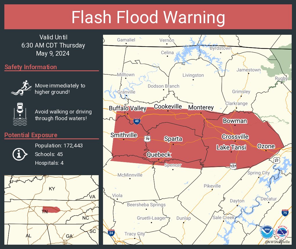 Flash Flood Warning continues for Cookeville TN, Crossville TN and Fairfield Glade TN until 6:30 AM CDT