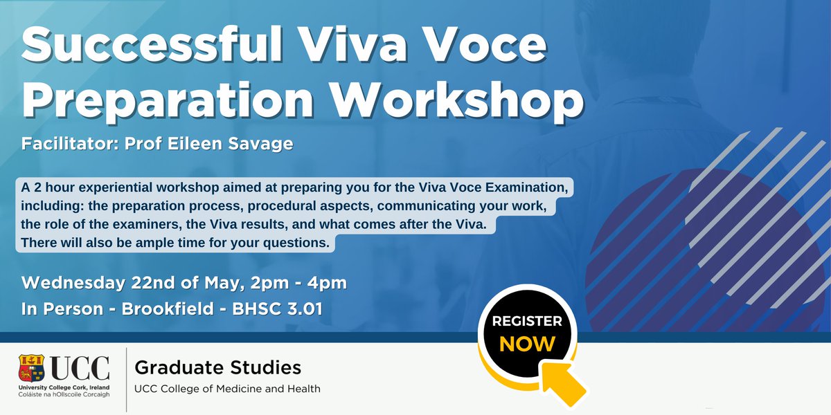 Emeritus Professor Eileen Savage will host a workshop for PhD students in @UCCMedHealth entitled 'Successful Viva Voce Preparation' on Wednesday 22nd May 2024 from 2PM - 4PM in BHSC_3.01. Register here: forms.office.com/pages/response…