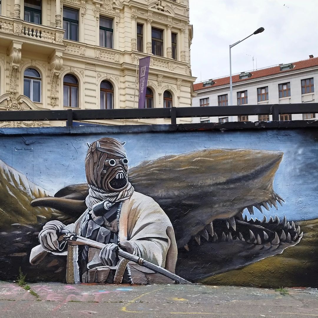 #Streetart: 'Tusken Raider & Krayt Dragon' by #DavidReichelt @ #Prague, Czech Republic More info at: barbarapicci.com/2024/05/09/str… #streetartPrague #streetartCzechRepublic #CzechRepublicstreetart #arteurbana #urbanart #murals #muralism #contemporaryart #artecontemporanea