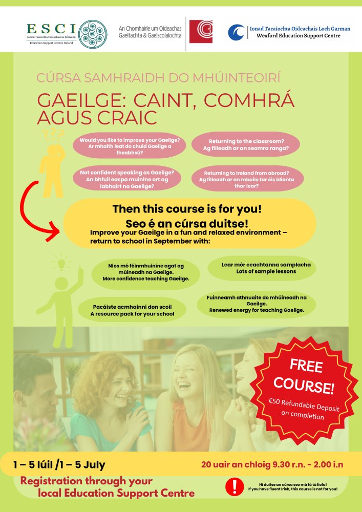 📢Fantastic Summer Course coming up this year! Gaeilge - Caint, Comhrá agus Craic (COGG) 1st-5th July Free (Deposit is Refundable) ecwexford.ie/cpd-courses/su… @CoggOid