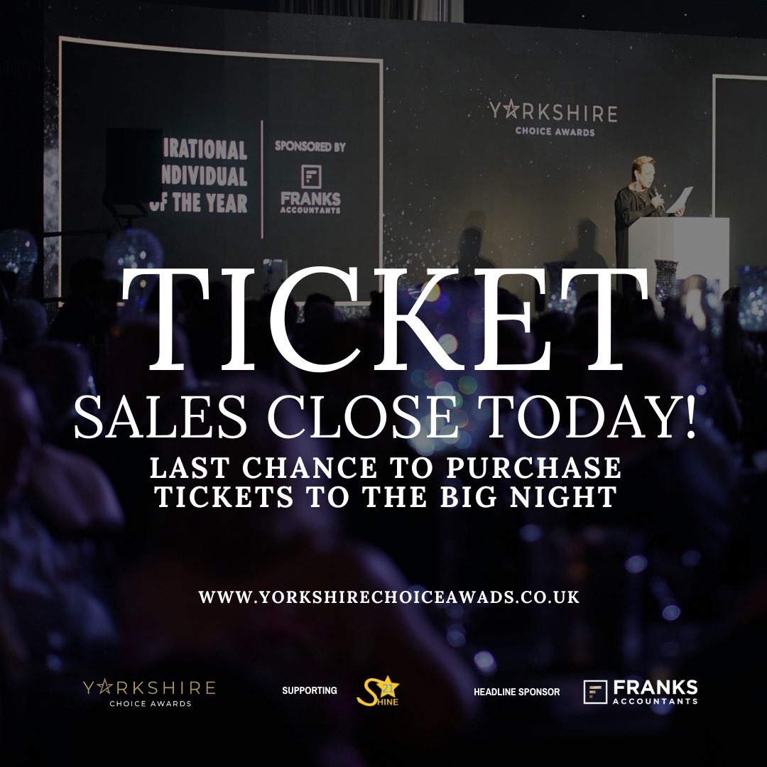 FINAL CALL 📣 Don't miss out on the chance to be part of the Yorkshire Choice Awards! Today is the last day to purchase tickets for the ultimate celebration in Yorkshire! ALMOST SOLD OUT! Please note we're almost fully booked! Book here today: yorkshirechoiceawards.co.uk/tickets #yca2024